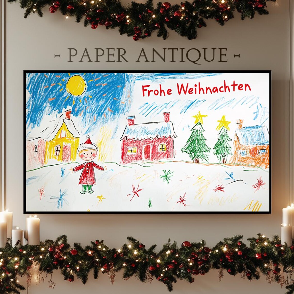Frohe Weihnachten Kids Crayon Drawing Christmas Village Holiday Poster