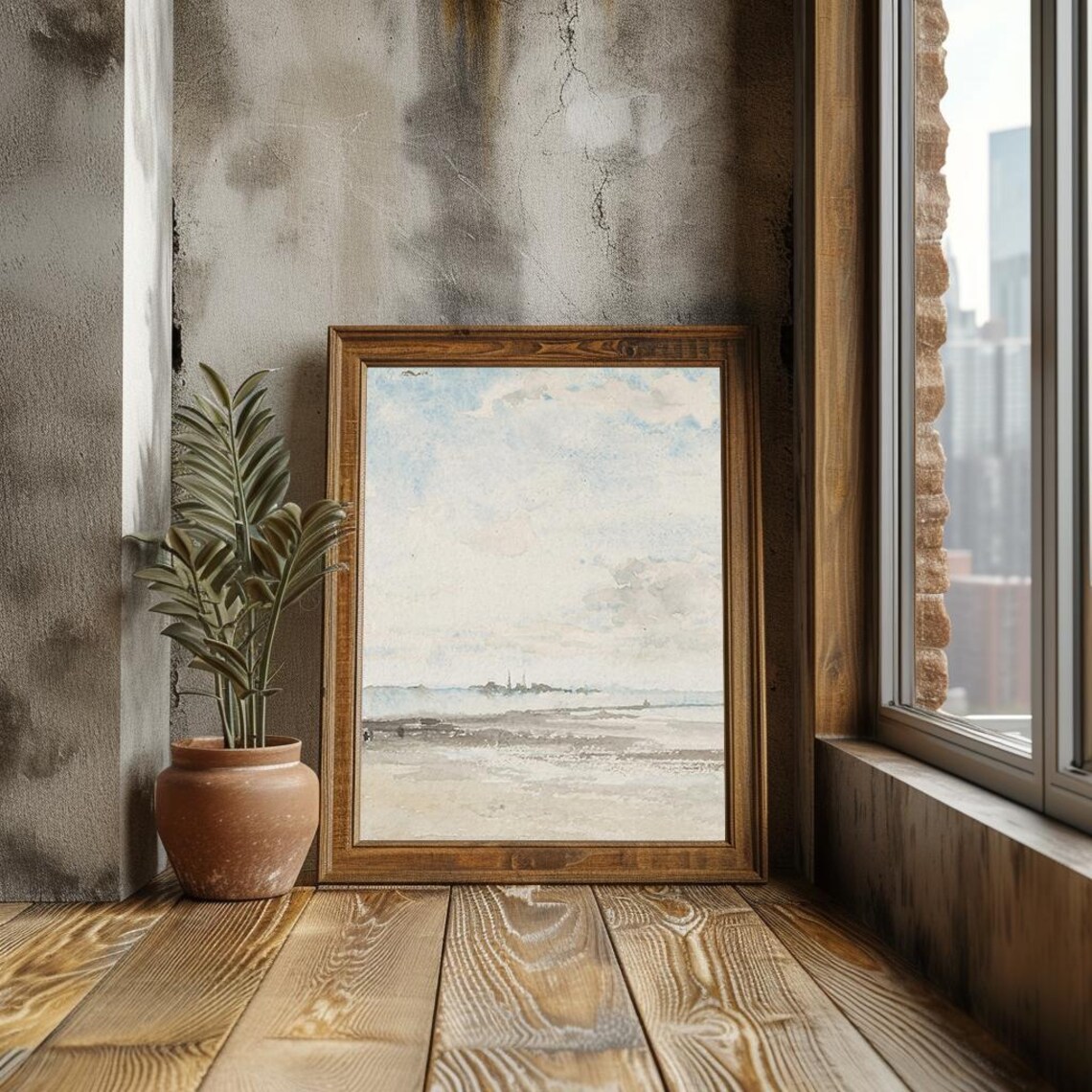 Distant Coastal Cityscape Soft Blue Watercolor Seaside Poster - Image 3