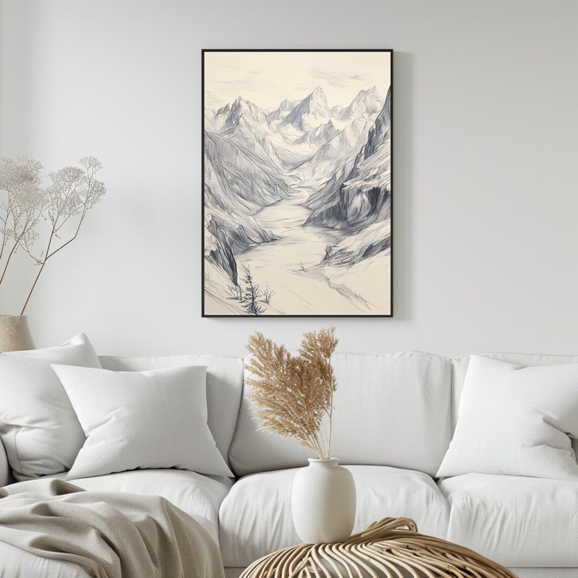 Mountain Range Pencil Sketch Moody Landscape Art Serene Minimalist Nature Scene Wall Art Decor Pt - Image 5