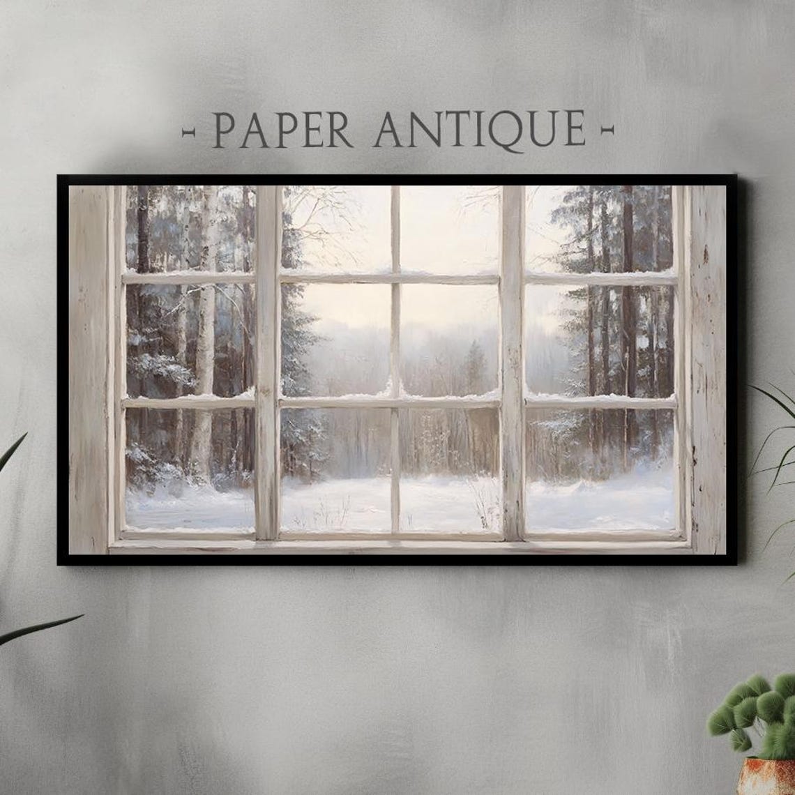 Serene Winter Scene through Rustic Window Snowy Pines Poster