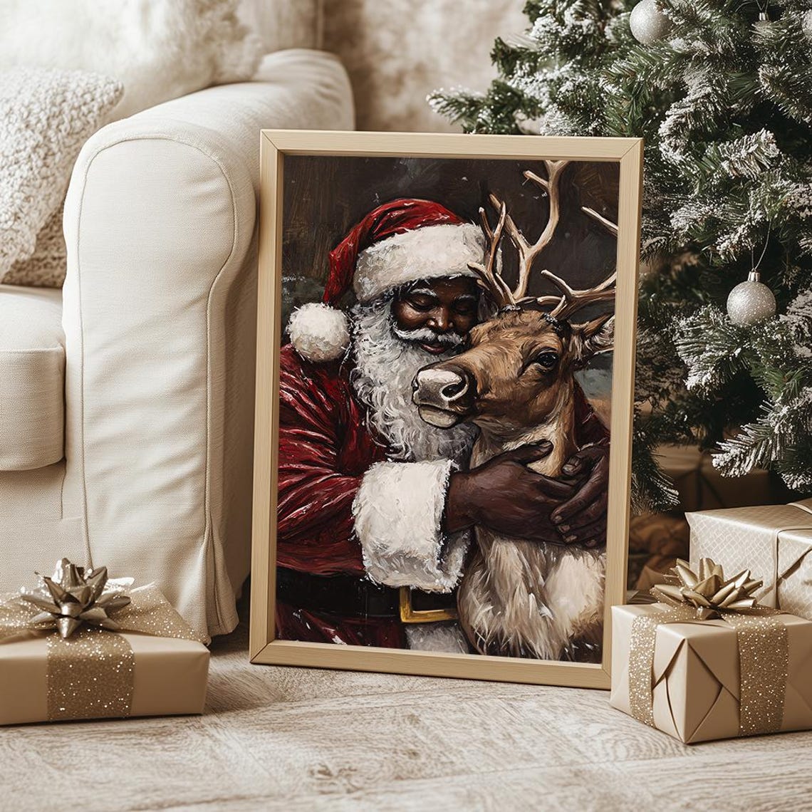 Black Santa Claus Hugging Reindeer Warm Painterly Christmas Poster - Image 5