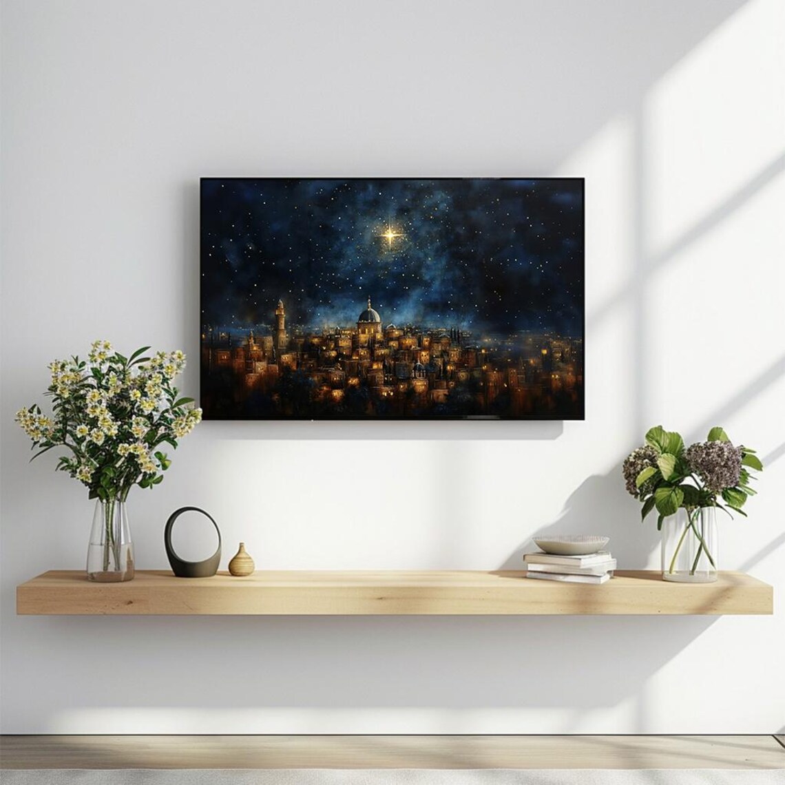 Starry Night Over Cityscape Oil Painting Serene Christmas Star Poster - Image 2