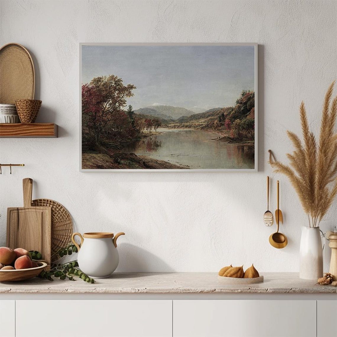 Mountain River Autumn Trees Calm Water Scenic Painting Poster - Image 4