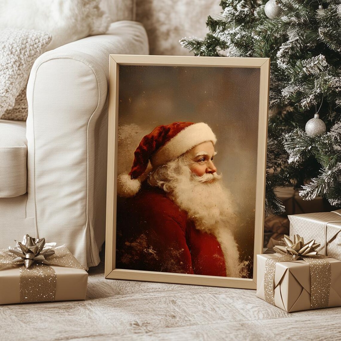 Santa Claus In Red Suit Profile Portrait Moody Vintage Painting Poster - Image 5