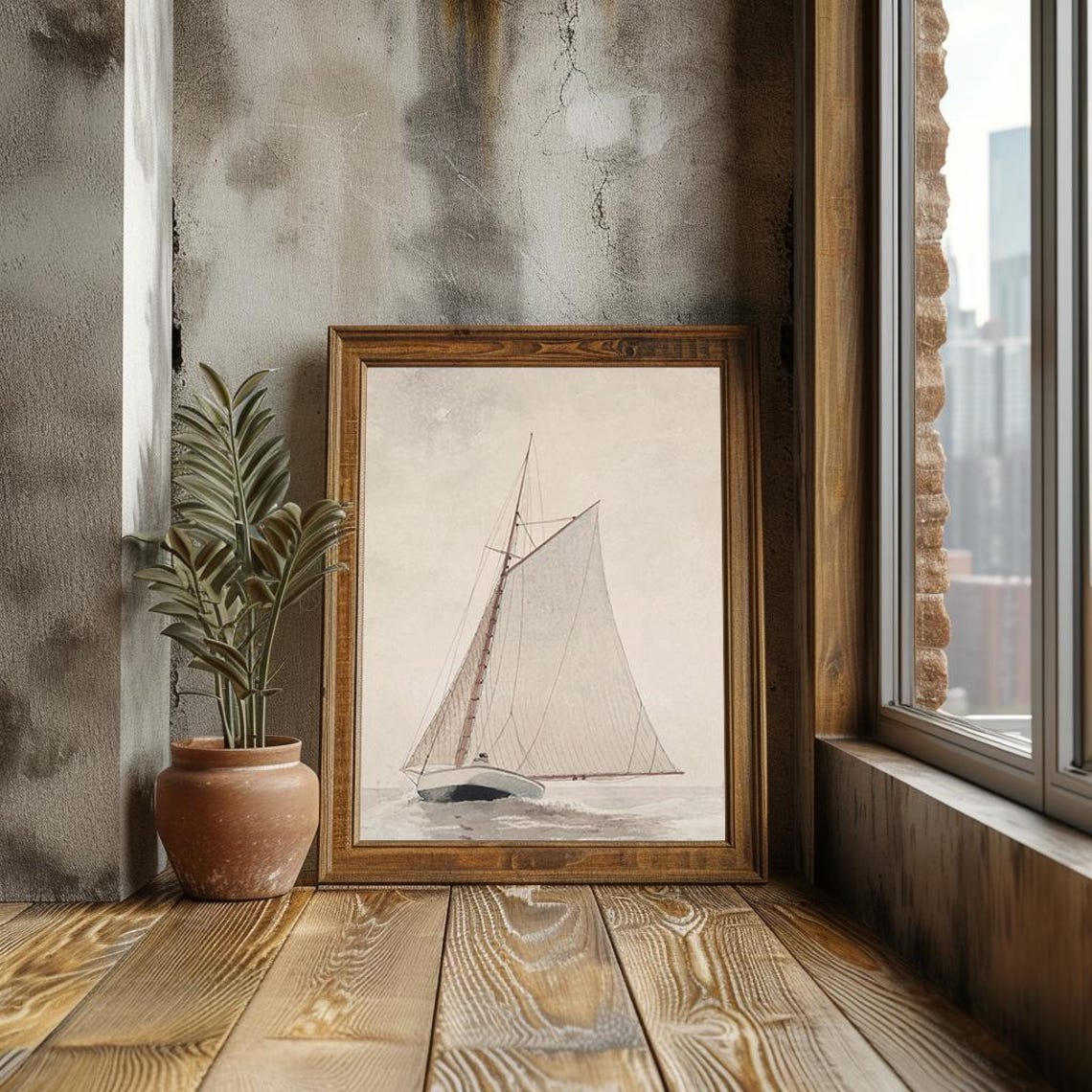 Single Sailboat On Calm Water Minimalist Sepia Watercolor Poster - Image 3
