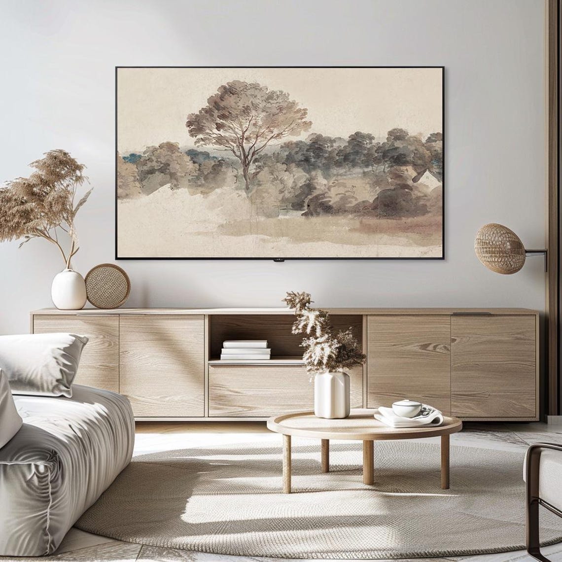 Pastel Watercolor Trees Landscape Soft Beige Nature Painting Poster - Image 5