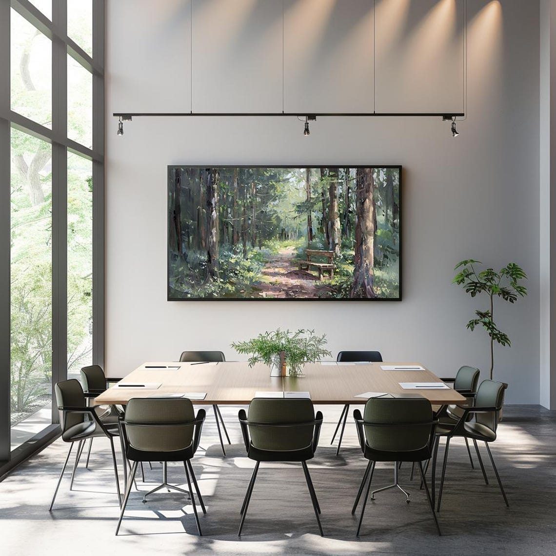 Sunlit Forest Path with Wooden Bench Impressionist Art Poster - Image 3