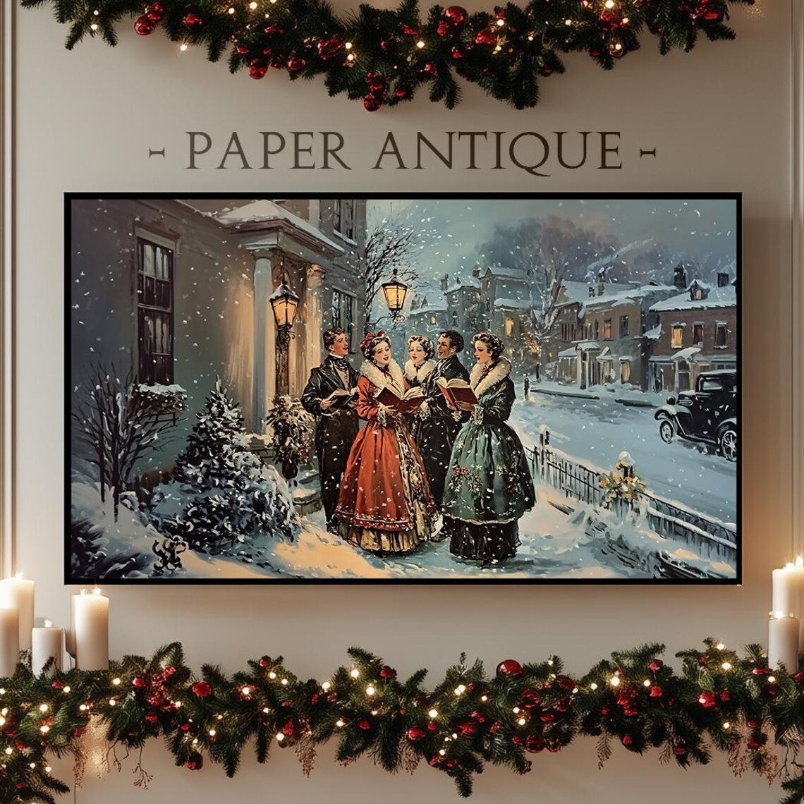 Victorian Carolers Snowy Night Vintage Christmas Street Scene Poster