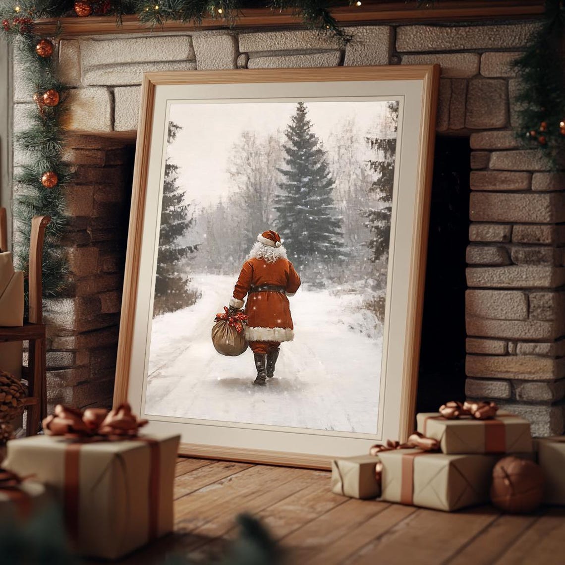 Santa Claus with Gift Sack Walking Through Snowy Forest Poster - Image 3