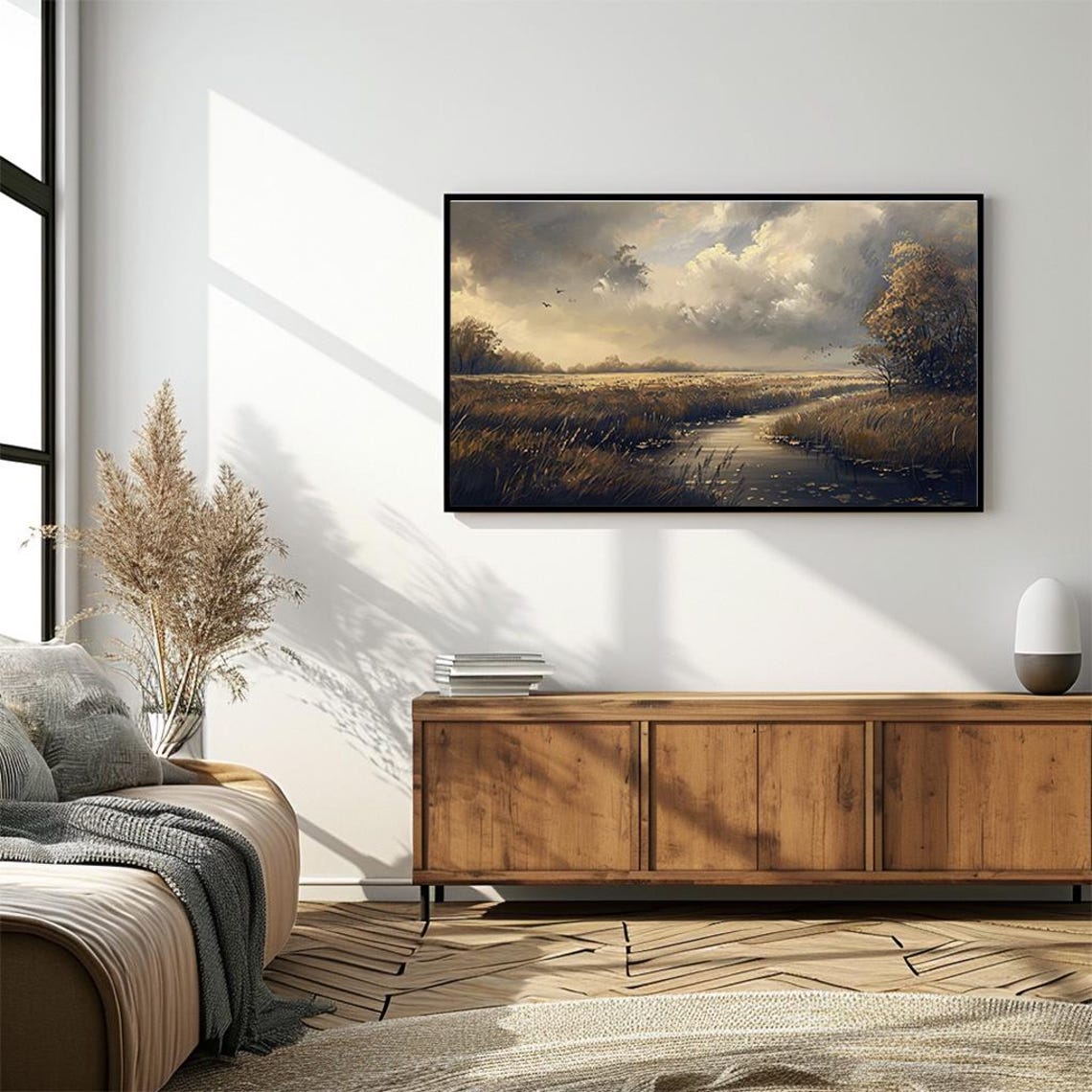 Misty River Marsh in Golden Light Dramatic Cloudy Sky Poster - Image 4