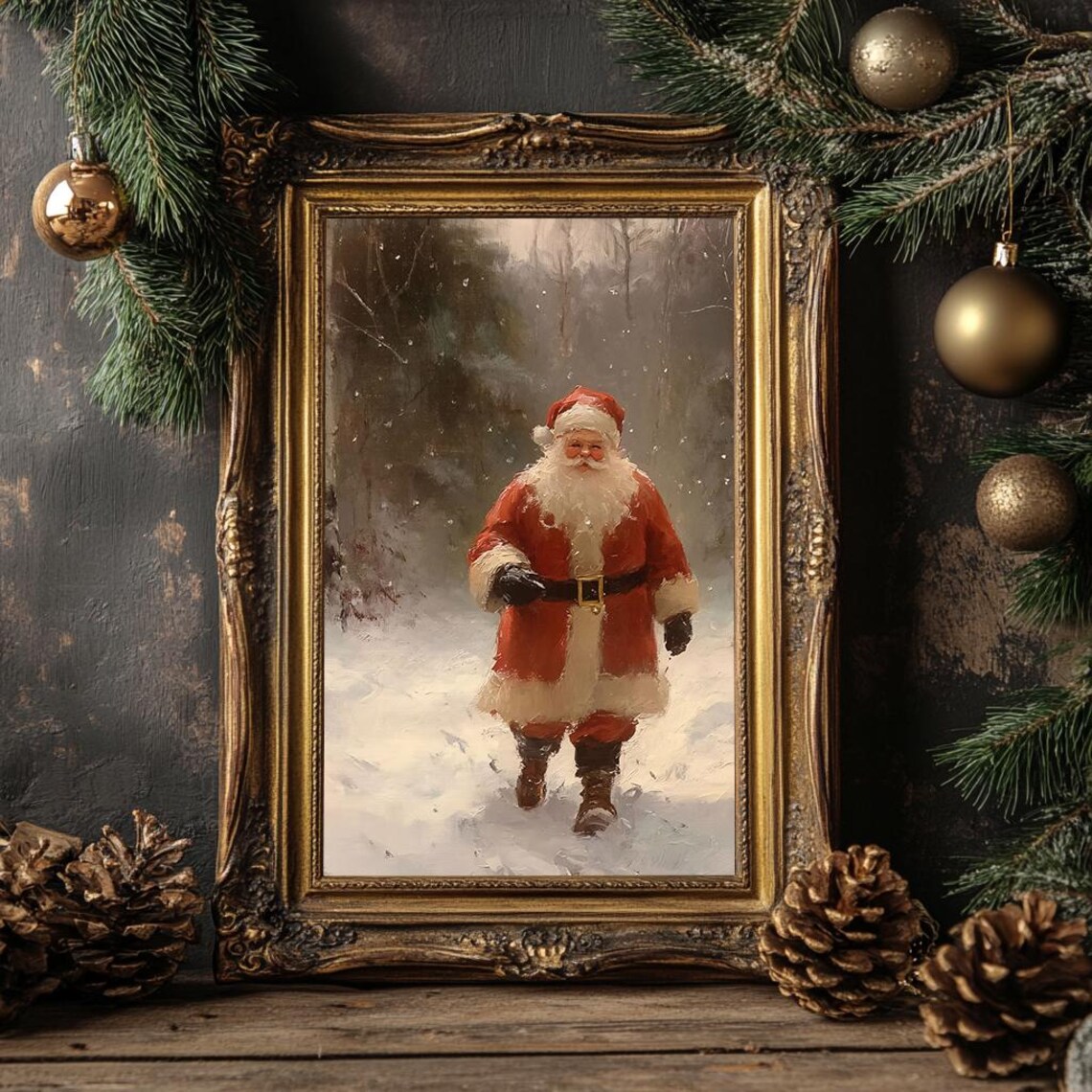 Santa Claus Walking in Winter Snow Traditional Oil Painting Poster - Image 4
