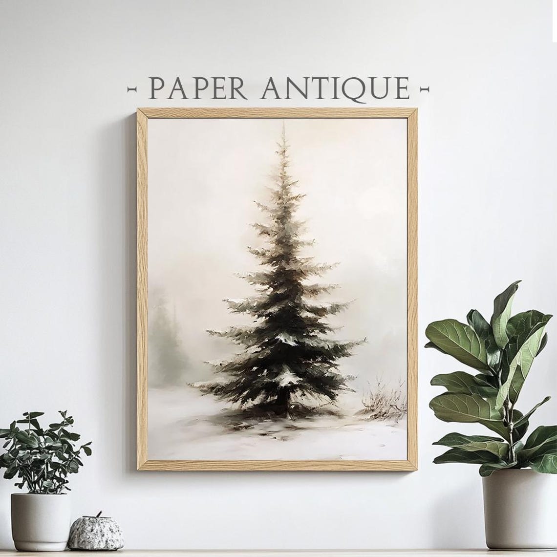 Lone Pine Tree In Misty Snow Minimalist Winter Watercolor Poster