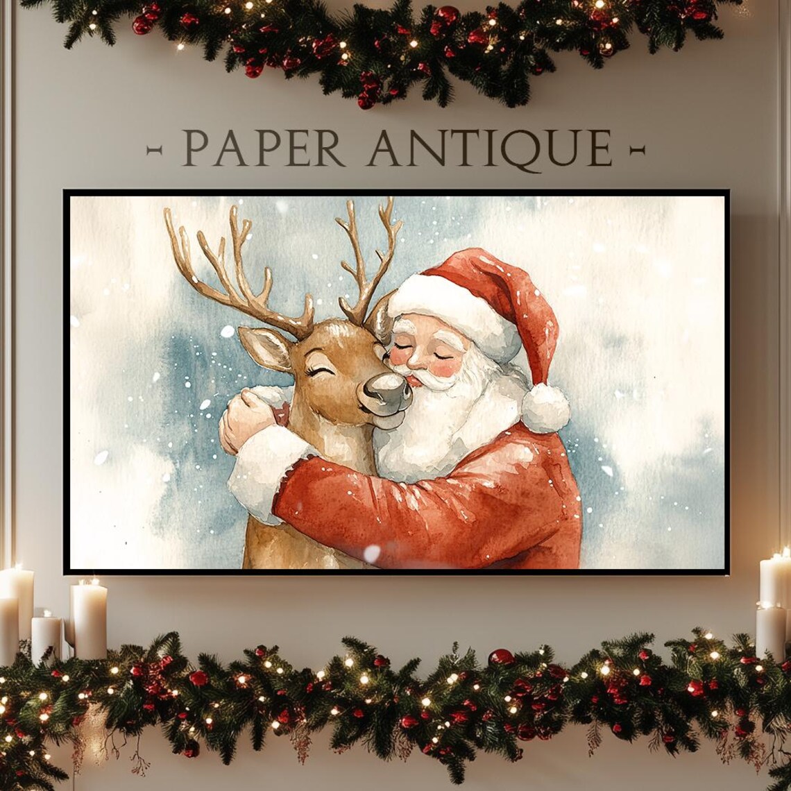 Santa Hugging Reindeer Watercolor Painting Whimsical Christmas Poster