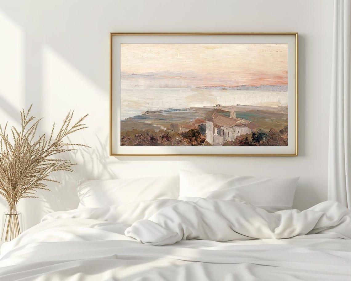 Coastal Village Rooftops Sunset Pastel Seascape Oil Painting Poster - Image 2