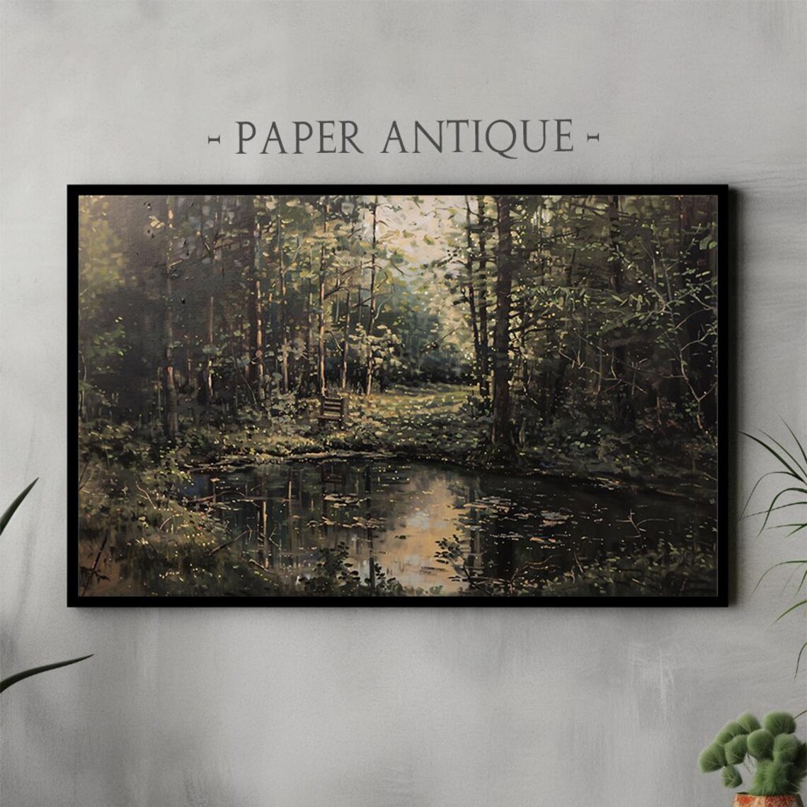 Tranquil Forest Pond Painting Dark Green Woodland Scenery Poster