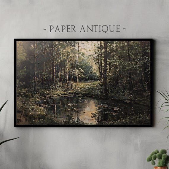 Art For Frame Tv Tranquil Forest Pond Painting Dark Green Woodland Scene Nature Landscape