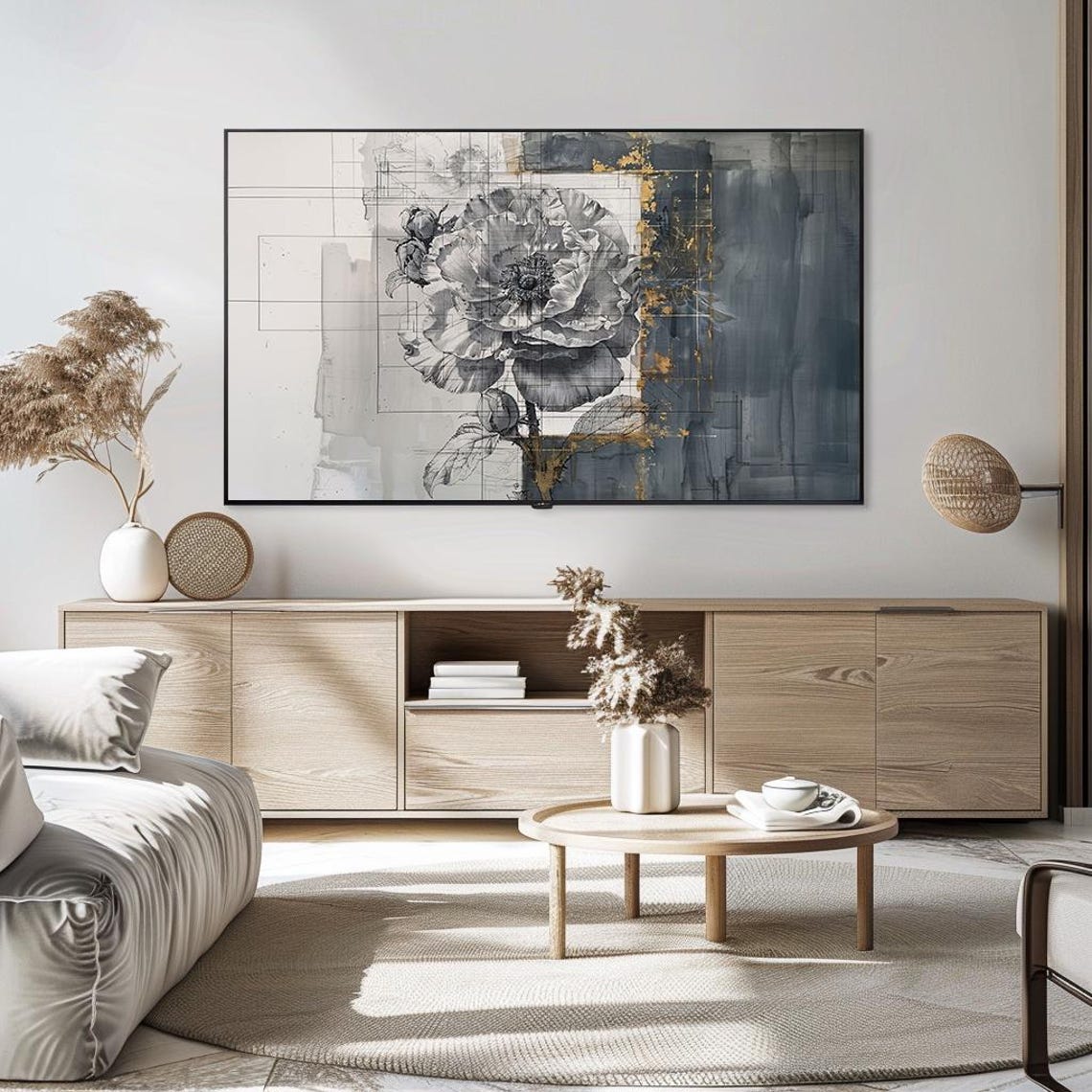 Gray Peony Sketch Abstract Botanical Modern Vintage Art Poster - Image 5