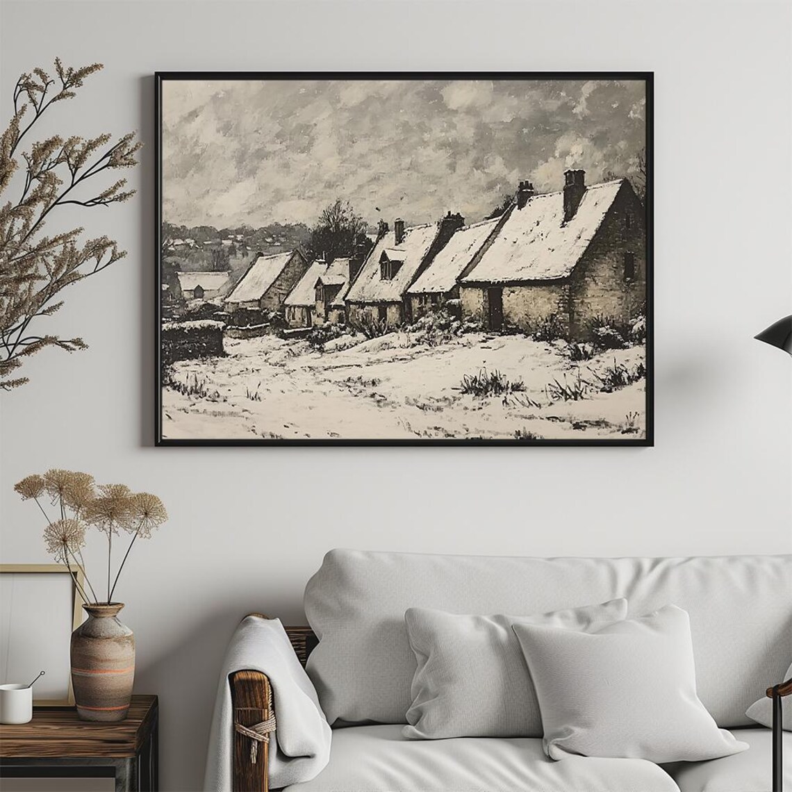 Monochrome Snowy Village Stone Cottages Vintage Winter Art Poster - Image 5