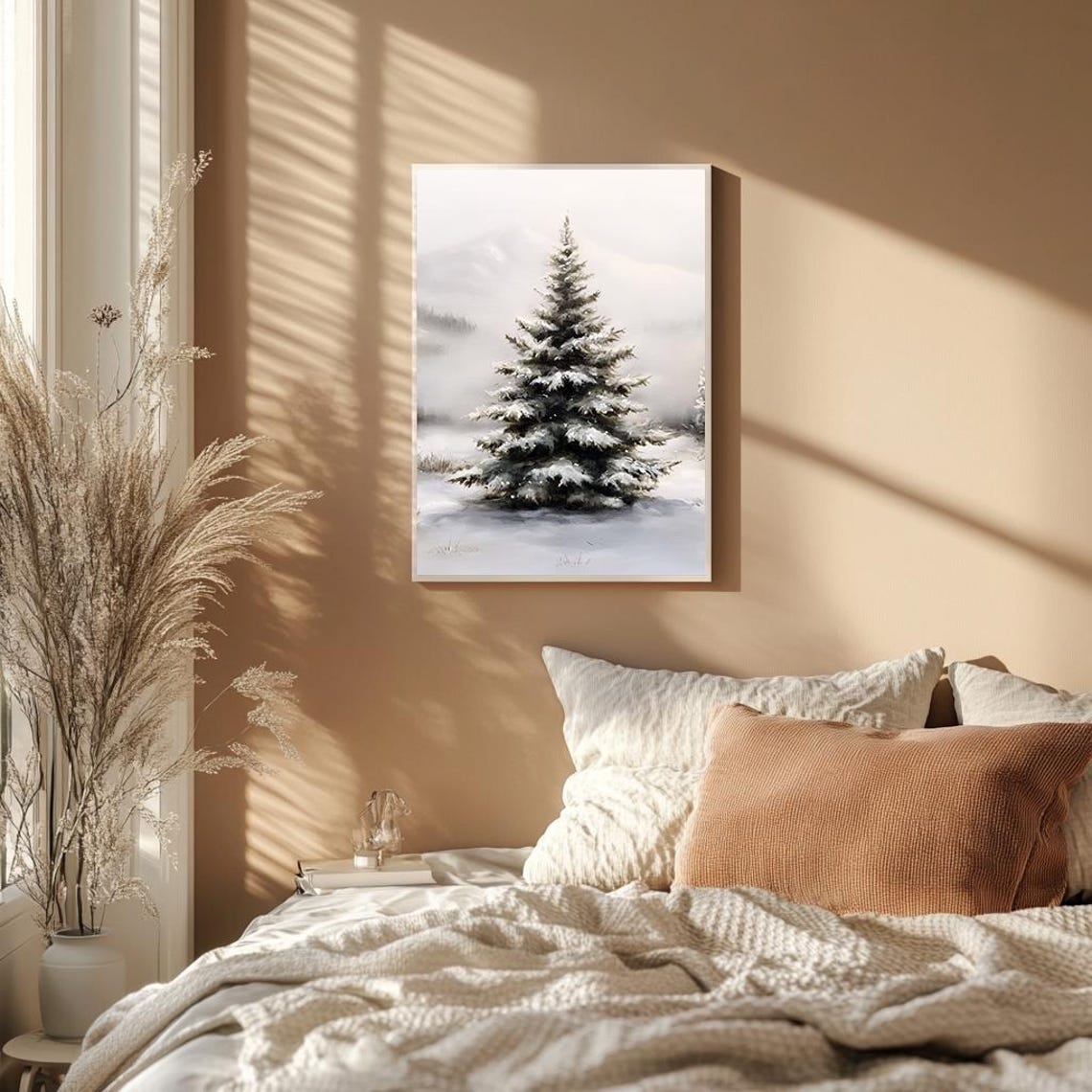 Snowy Pine Tree in Misty Winter Forest Classic Oil Painting Poster - Image 2