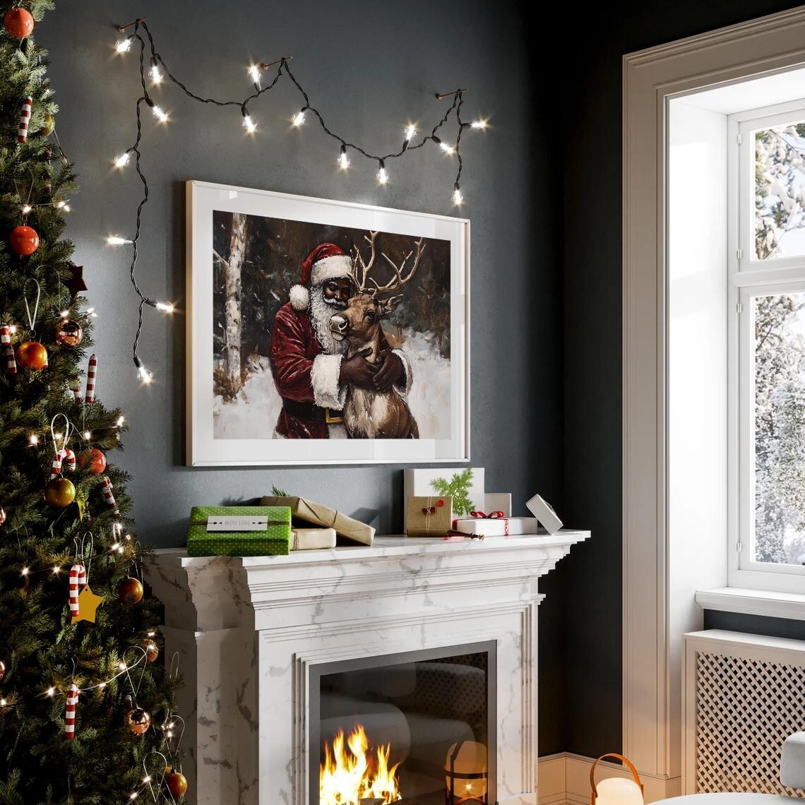 Santa Hugging Reindeer Snowy Woods Tender Oil Painting Poster - Image 2