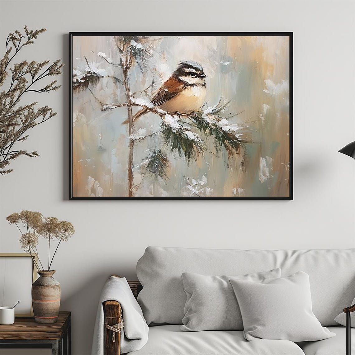 Small Songbird Resting on Snowy Pine Branch Soft Winter Art Poster - Image 5