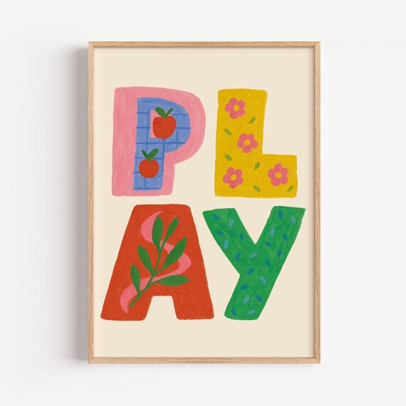 Play Colorful Typography Kids Art Print Nature Motif Nursery Playroom Decor