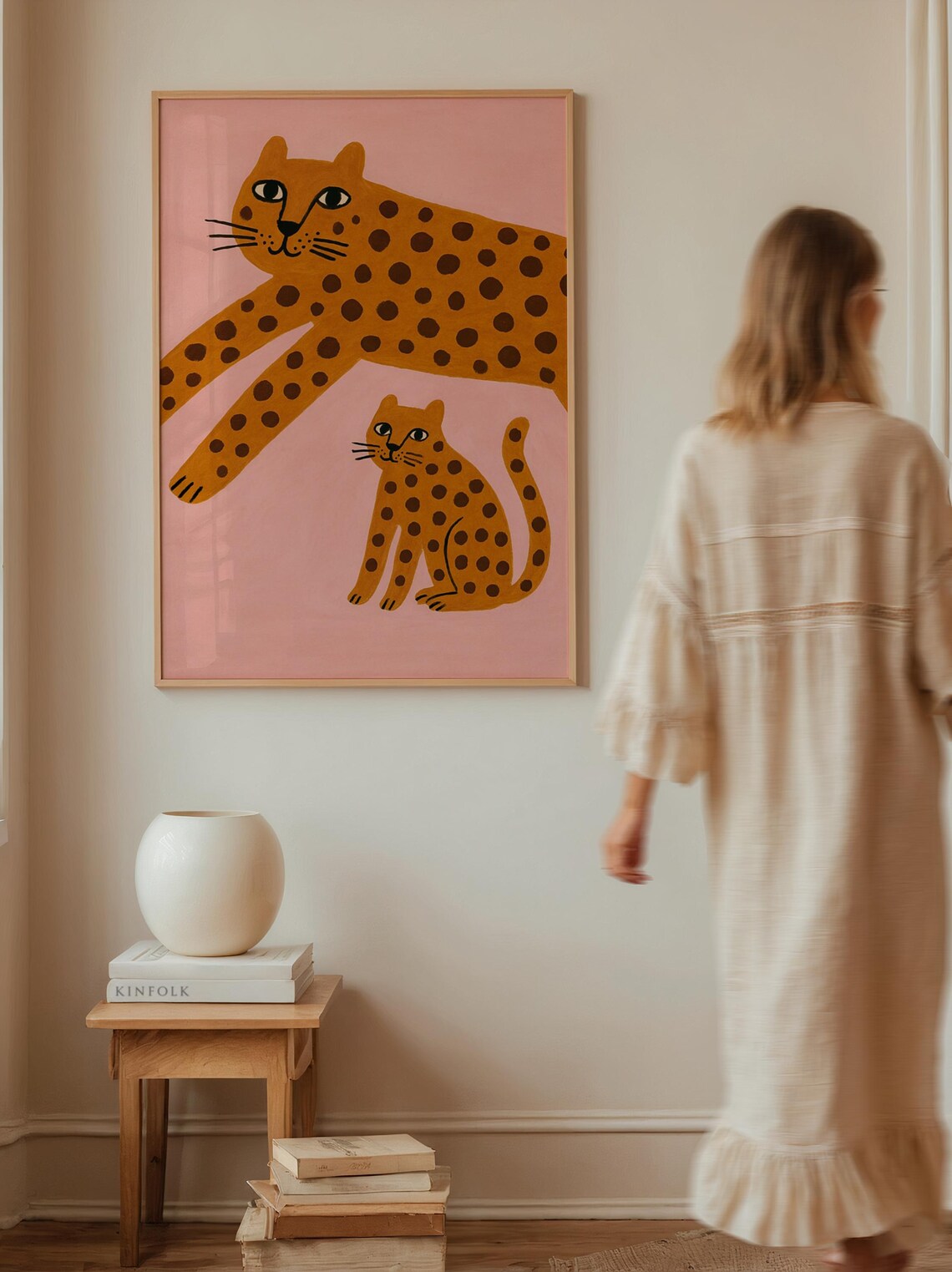 Playful Leopard Pair Poster Pink Jungle Cat Art for Nursery Kids Room Wall Decor