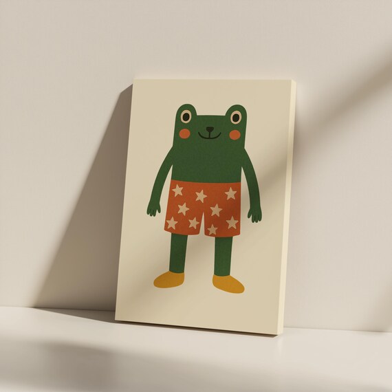 Cheerful Frog in Star Shorts Whimsical Kids Nursery Art Poster