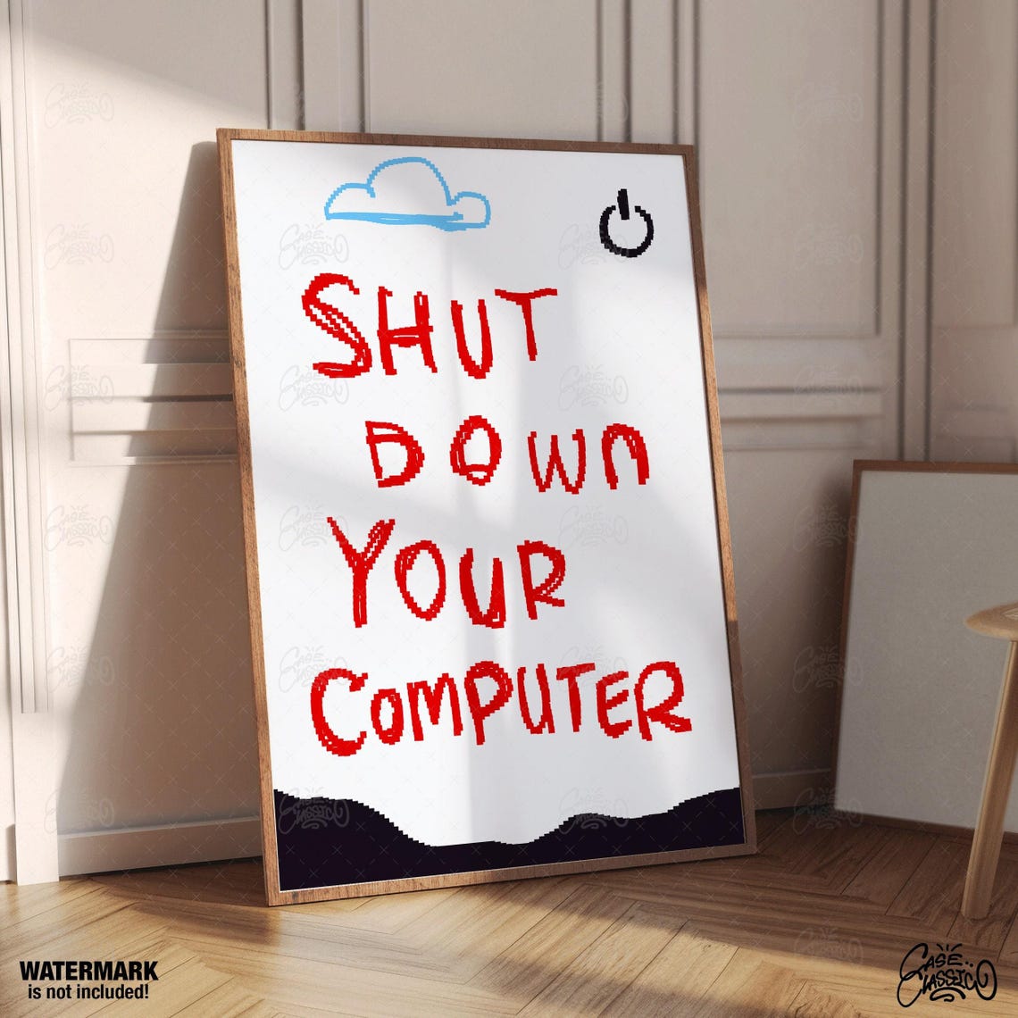 Shut Down Your Computer Gaming Poster in Red Pixel Text on White Art - Image 2