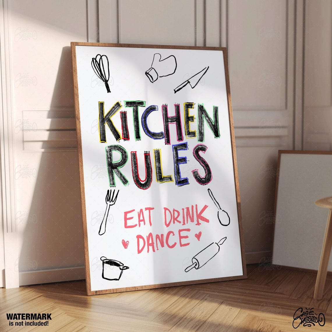 Kitchen Rules Eat Drink Dance Utensil Doodle Fun Wall Poster - Image 4