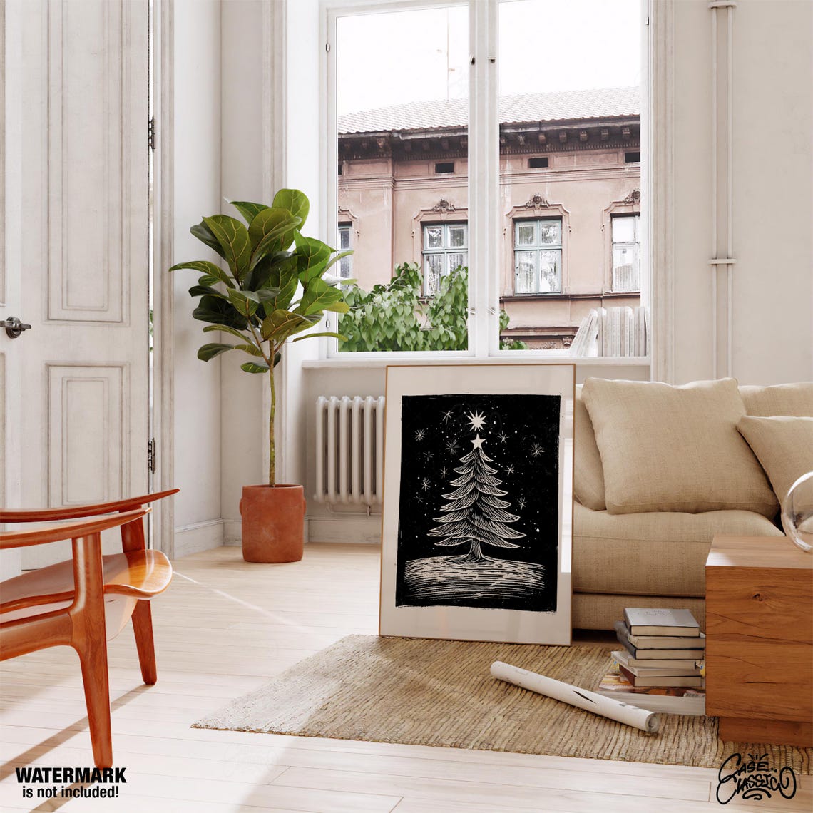 Black and White Christmas Tree Linocut Starry Night Art Print