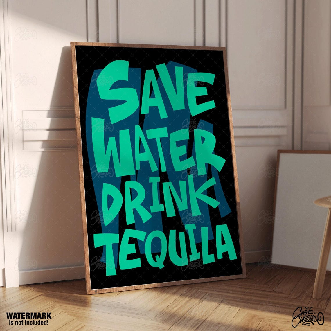 Moody Save Water Drink Tequila Electric Teal On Black Bar Poster - Image 4