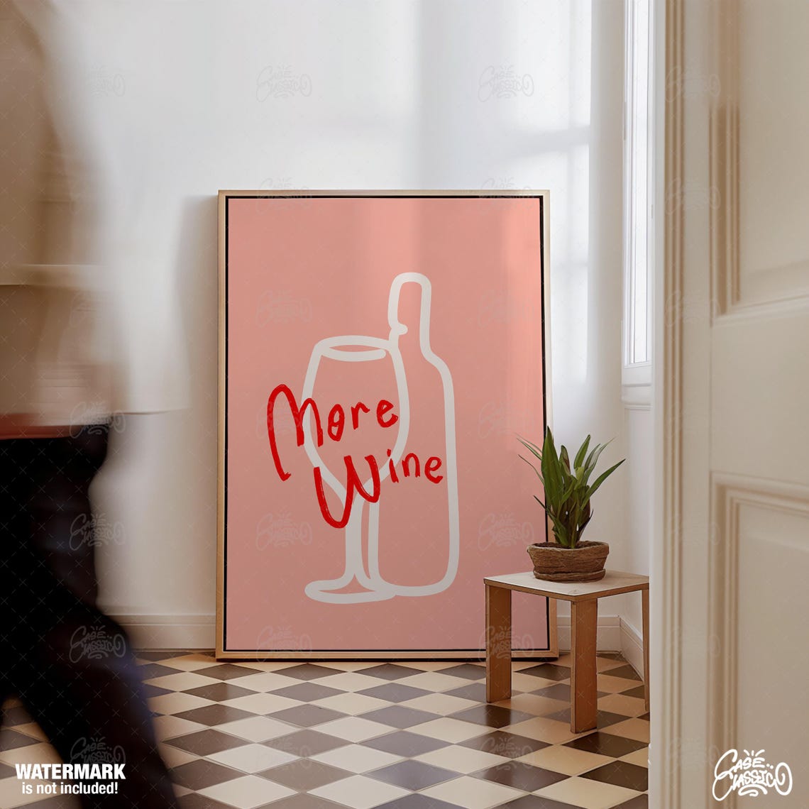 More Wine Blush Pink Minimalist Wine Bottle Glass Art Poster - Image 4