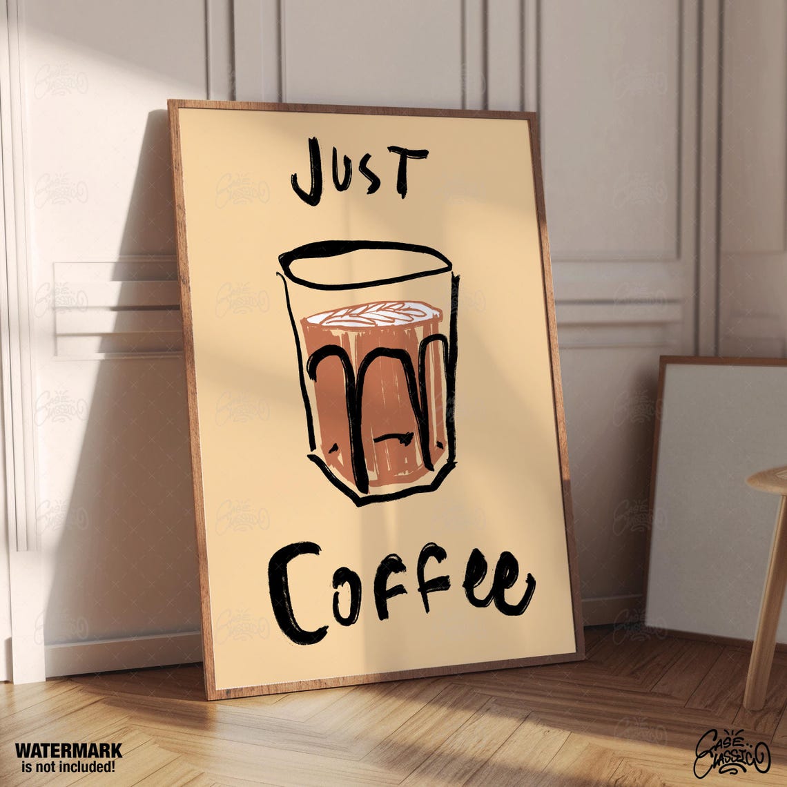 Just Coffee Hand Drawn Latte Glass Beige Minimalist Kitchen Poster - Image 3
