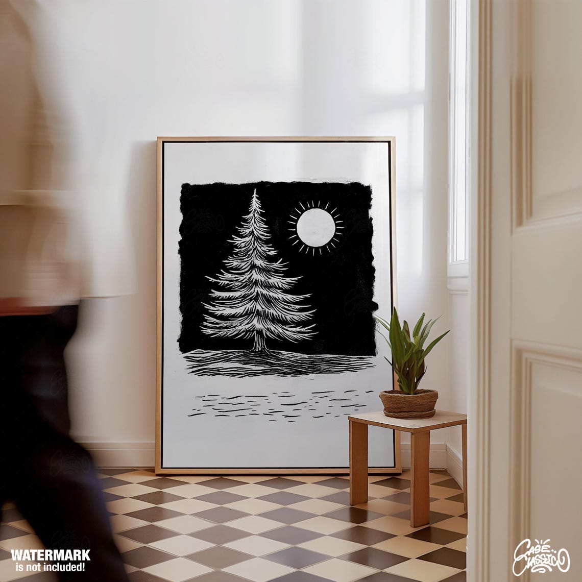 White Pine Tree and Radiant Sun on Black Bold Winter Night Poster - Image 3