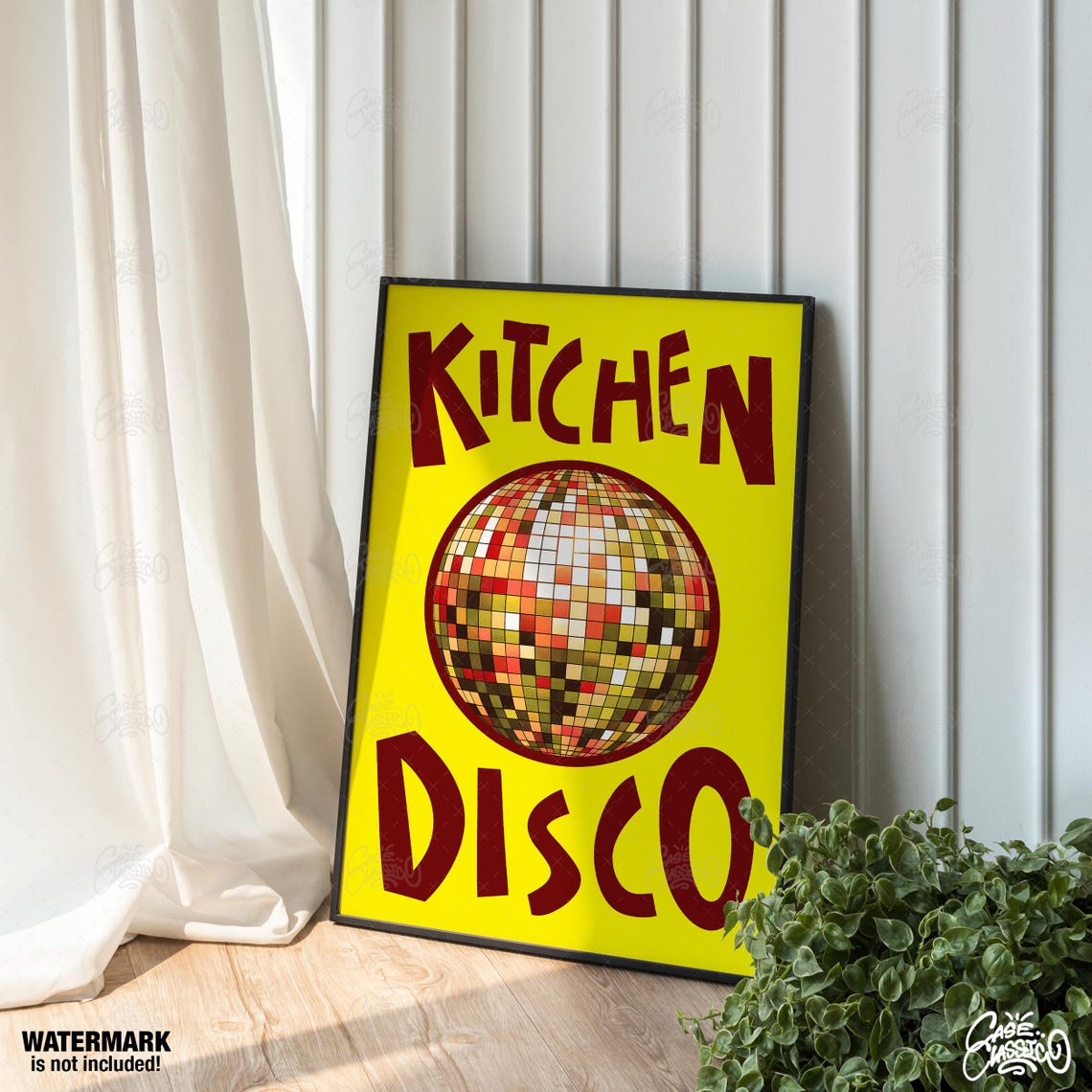 Kitchen Disco Mirror Ball Neon Lime Green Party Quote Poster - Image 3