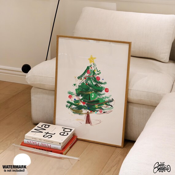 Watercolor Green Christmas Tree with Ornaments Festive Poster