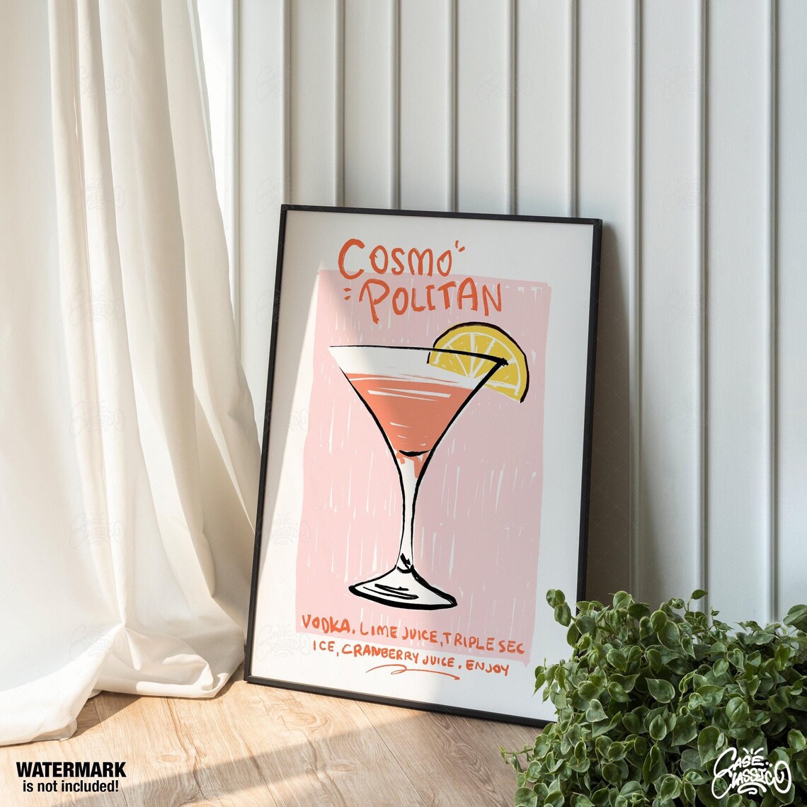 Cosmopolitan Cocktail Recipe Illustrated Pink Bar Cart Poster