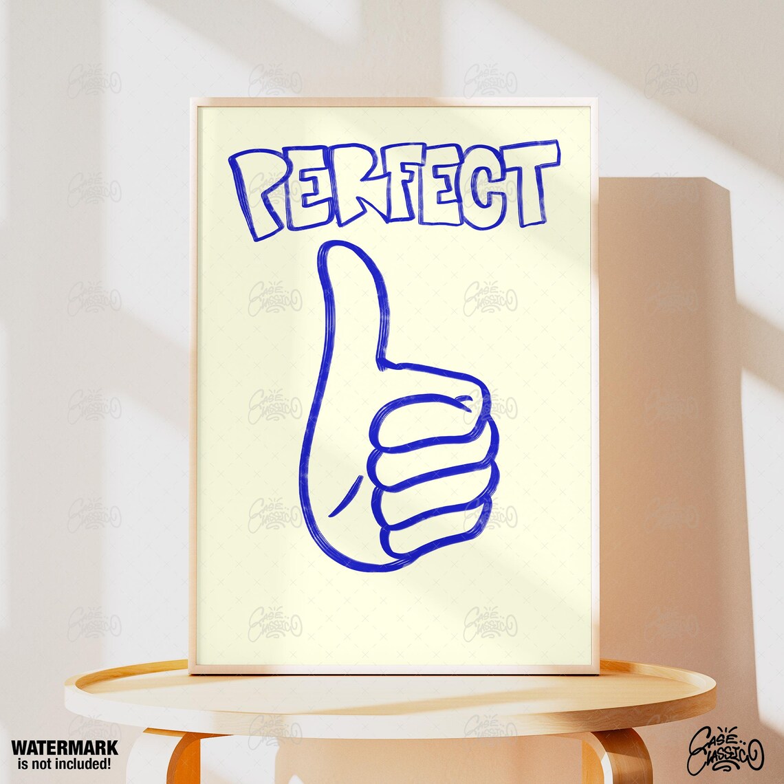 Upbeat Perfect Word With Blue Thumbs Up Line Drawing Art Poster - Image 4
