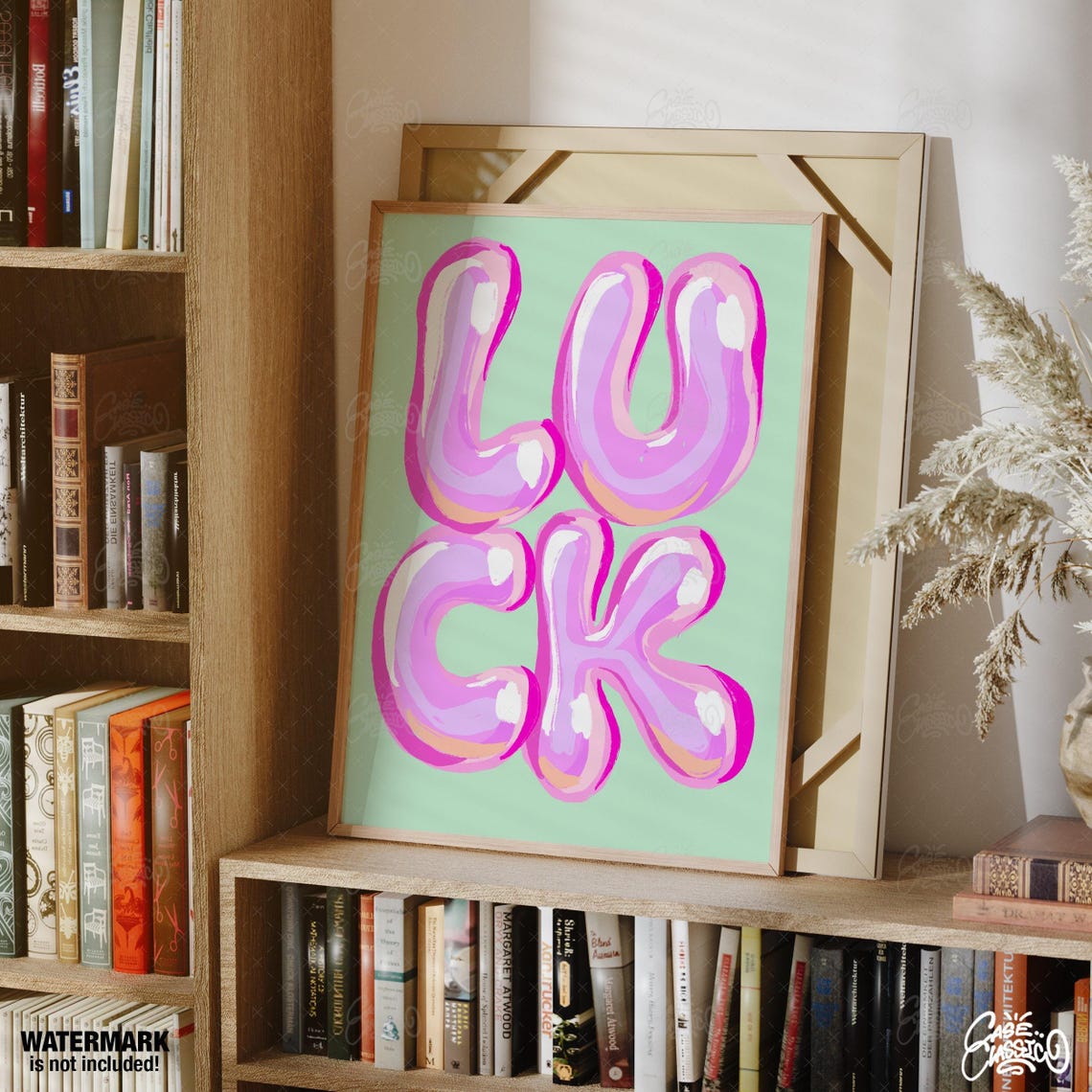LUCK Glossy Shiny Bubble Letter Poster in Pink Shine on Mint Green - Image 2