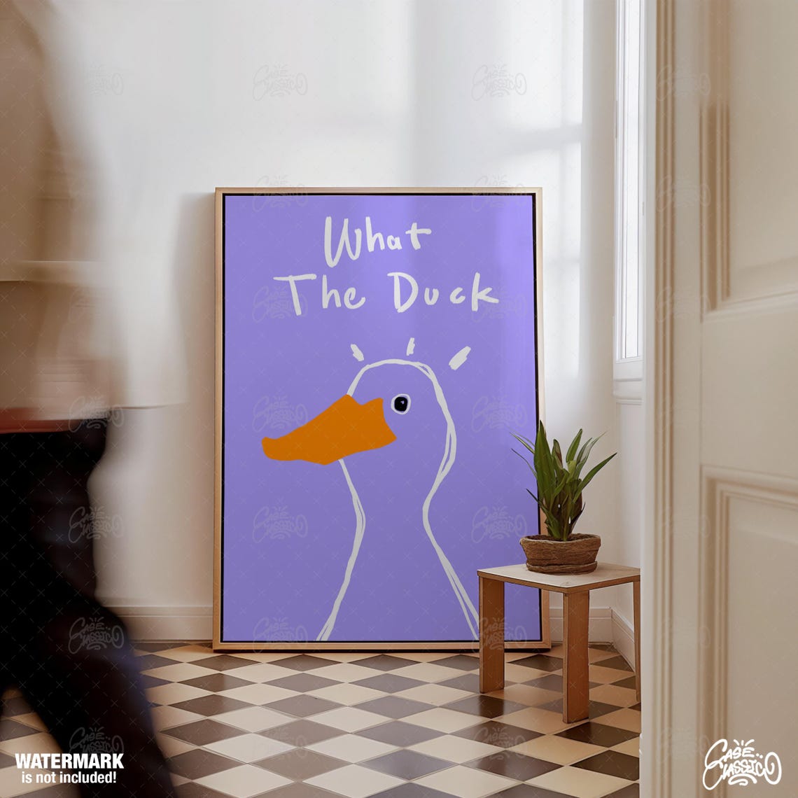 What The Duck Quirky Orange Duck Drawing Purple Bathroom Wall Poster - Image 2