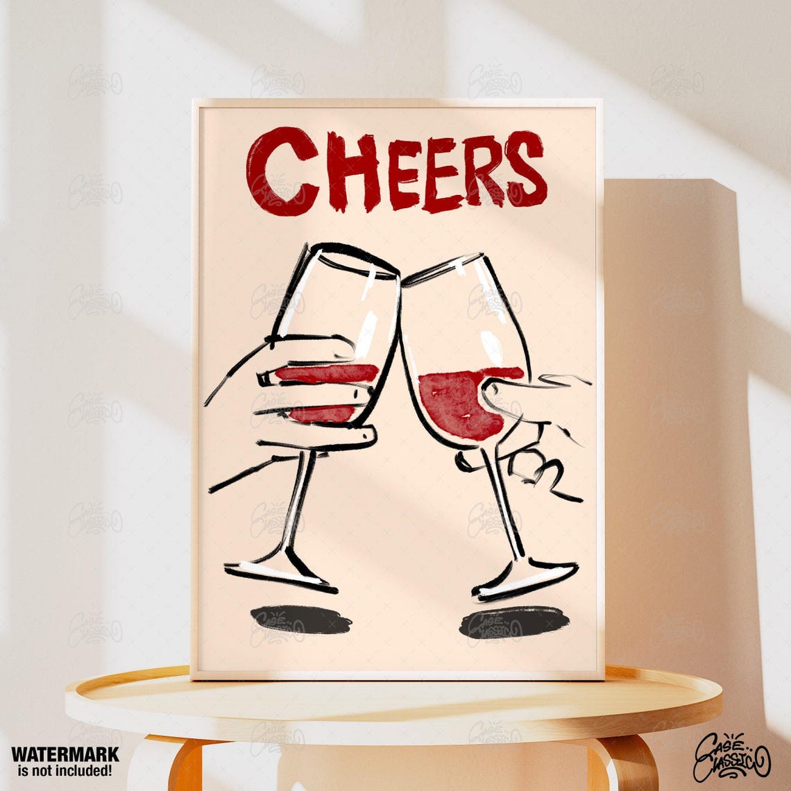 Cheers Bold Red Brush Script Clinking Wine Glasses Toast Bar Poster