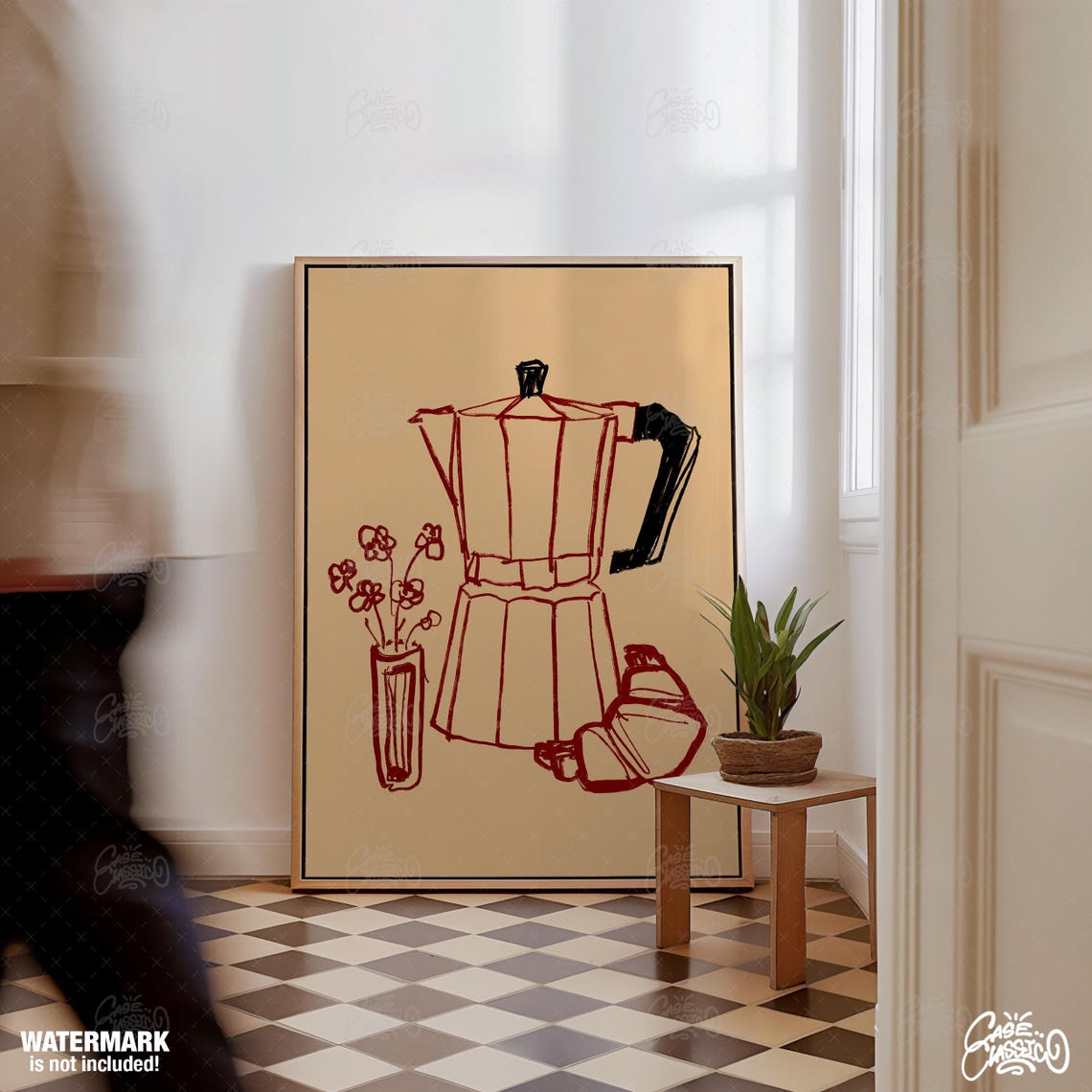 Moka Pot and Croissant Line Drawing Coffee Lover Kitchen Poster - Image 2