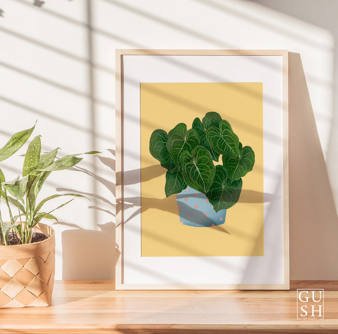 Anthurium Plant Print Blue Dotted Pot Mustard Background Decor Art - Image 2