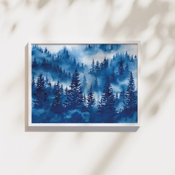 Misty Forest Original Watercolor Painting A3 Blue Watercolor Landscape Nature Wall Art Minimalistic Wall Decor Foggy Mountains Art