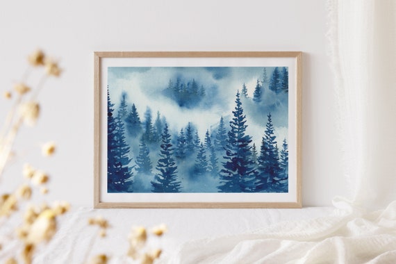 Misty Forest Original Watercolor Painting Watercolor Landscape Nature Wall Art Minimalistic Wall Decor Foggy Mountains Art