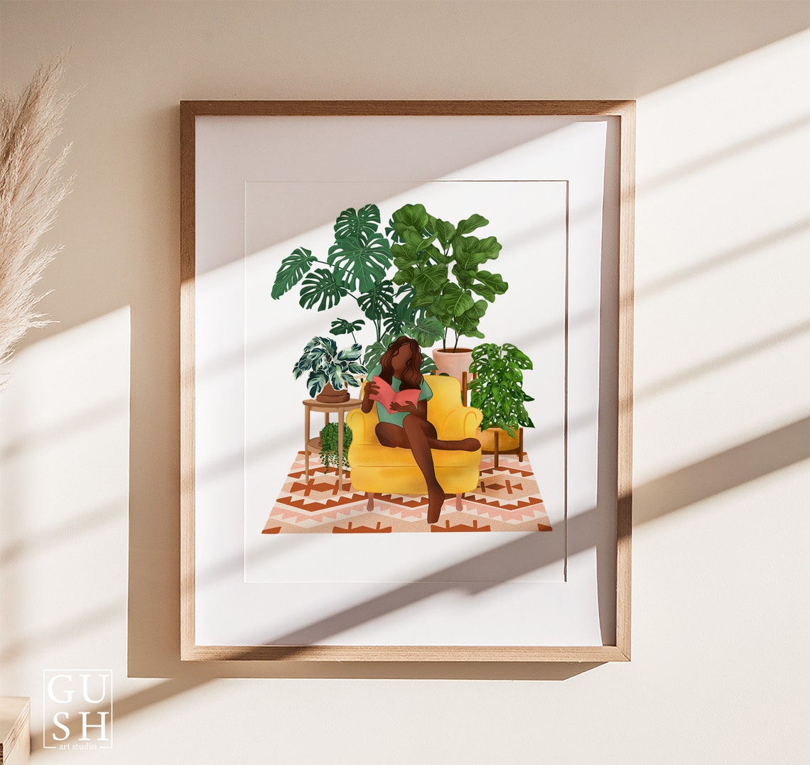 Plant Lady Reading a Pink Book on a Yellow Armchair Botanical Poster