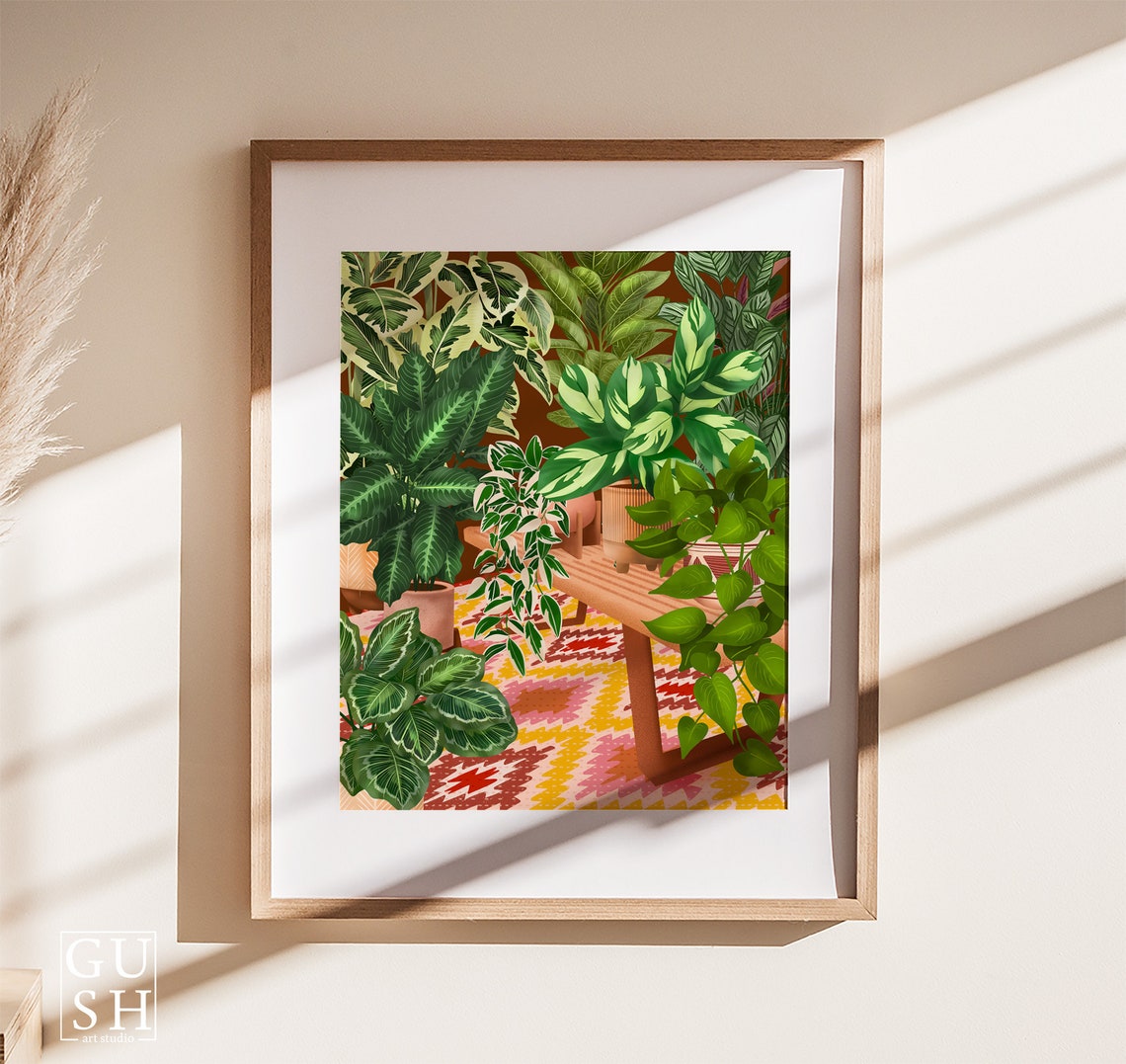 Lush Tropical Houseplant Scene Around Wooden Bench Boho Poster - Image 3