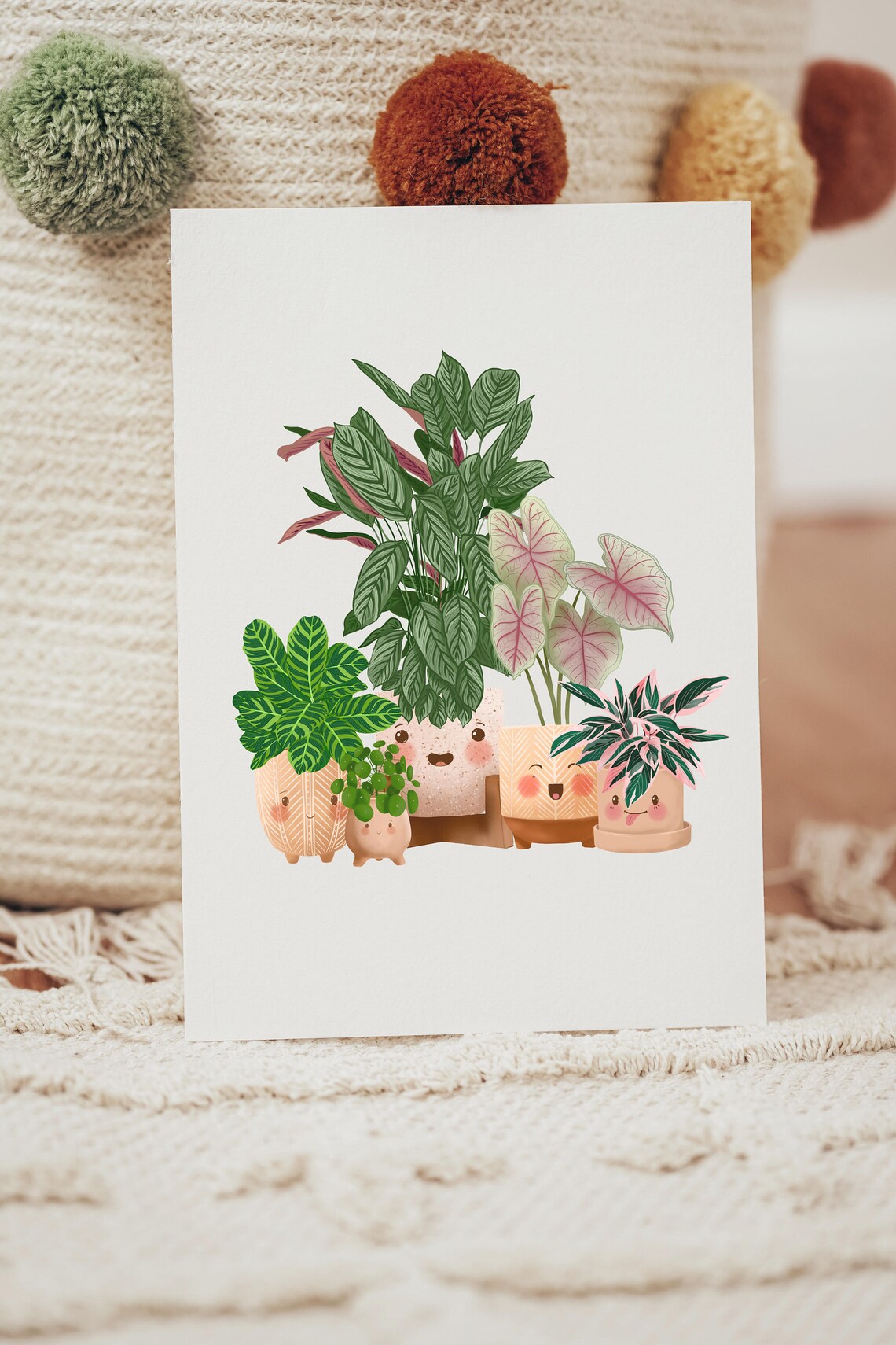 Calathea Ornata And Pink Caladium Cute Happy Plant Group Poster - Image 2