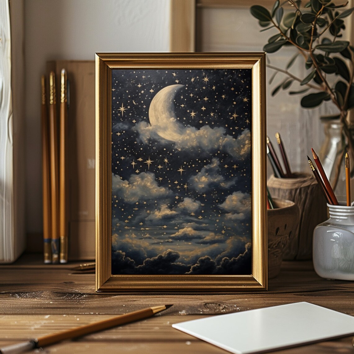 Crescent Moon Starry Night Sky Vintage Painting Midnight Moon Wall Art Evening Sky Print Celestial Artwork Dark Academia Decor - Image 3